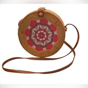 Rattan Wicker Boho Cloth Lined Bag Purse Cross body Leather Strap Antik Kraft